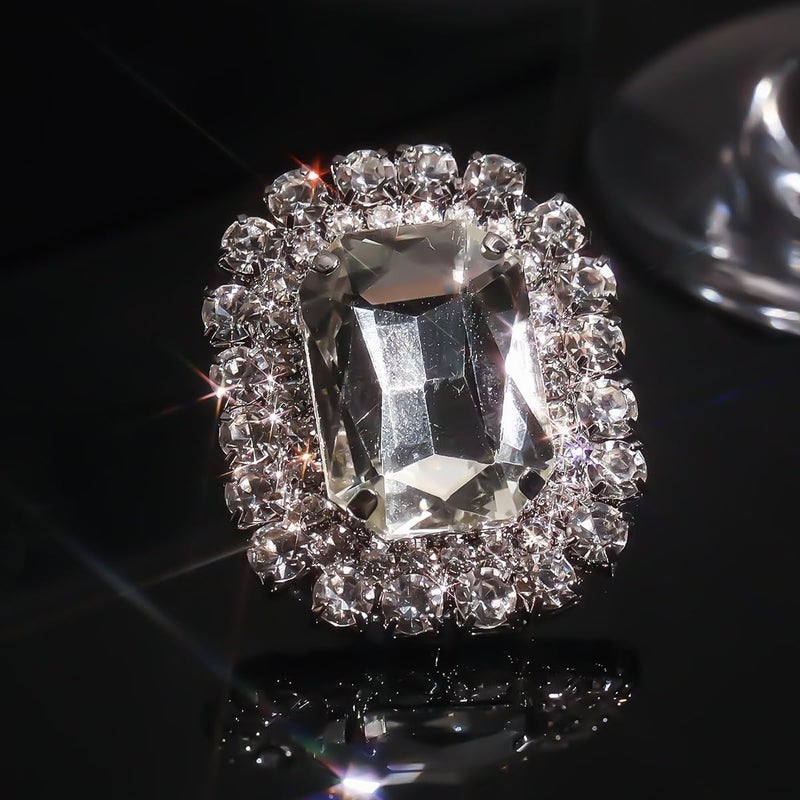 FUTIMELY Shiny Rhinestone Ring for Women Bohemian Thick Big Elliptical Geometry Ring Adjustable Crystal Band Ring Wedding Party Prom Ring for Women (White1) - Image 2
